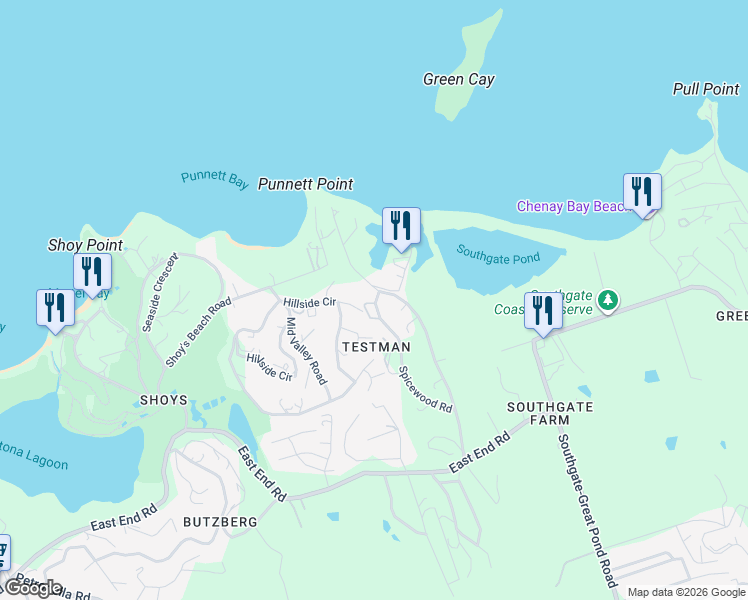 map of restaurants, bars, coffee shops, grocery stores, and more near 24 Spicewood Road in Christiansted