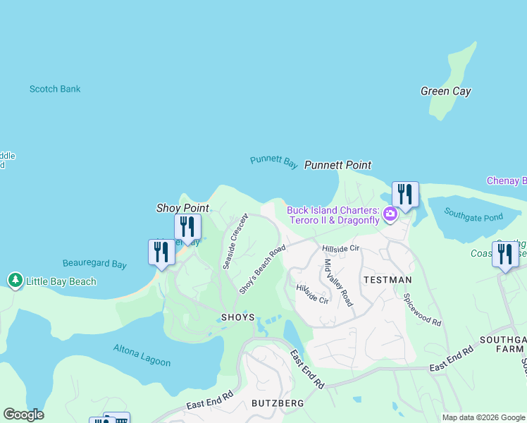 map of restaurants, bars, coffee shops, grocery stores, and more near Unnamed Road in Christiansted