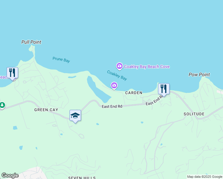 map of restaurants, bars, coffee shops, grocery stores, and more near East End Road in Christiansted