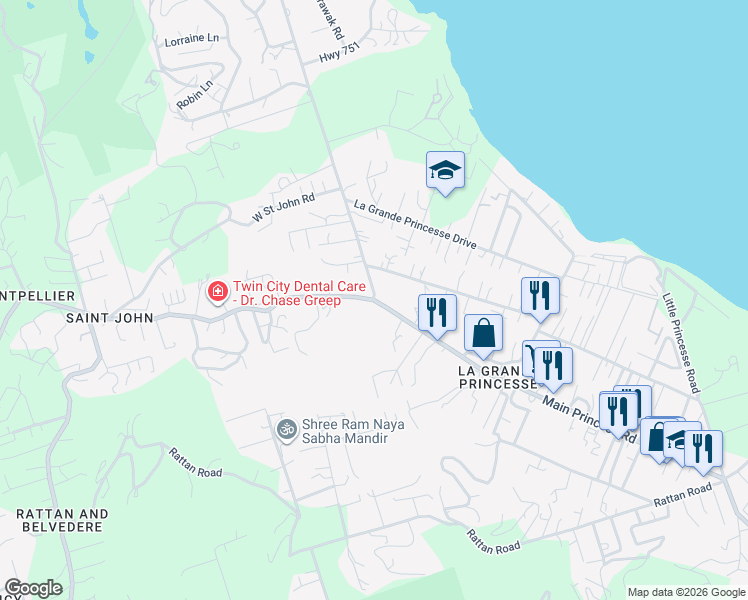 map of restaurants, bars, coffee shops, grocery stores, and more near Northshore Road in Christiansted