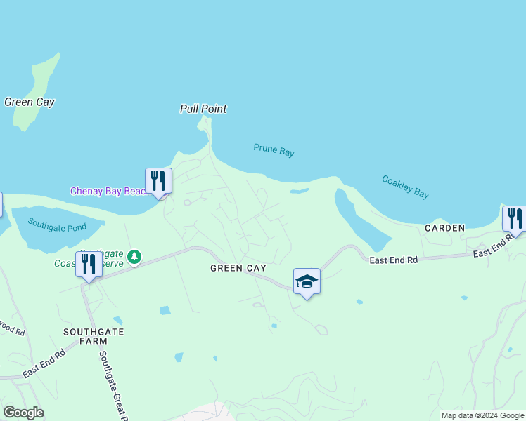 map of restaurants, bars, coffee shops, grocery stores, and more near Ms Bea Road in Christiansted
