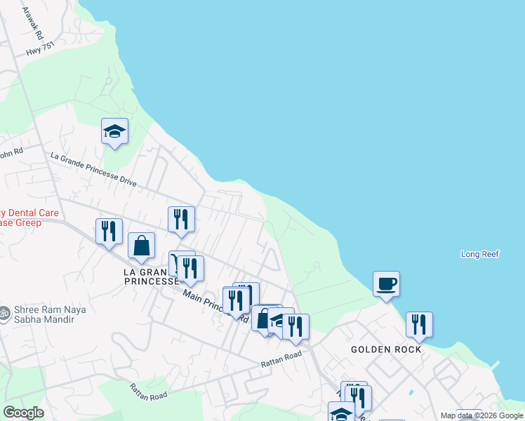 map of restaurants, bars, coffee shops, grocery stores, and more near Unnamed Road in Christiansted