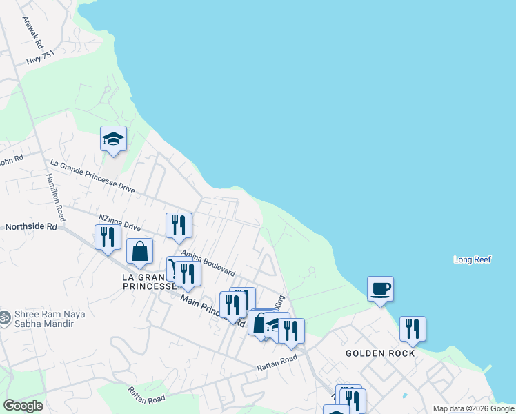 map of restaurants, bars, coffee shops, grocery stores, and more near Unnamed Road in Christiansted