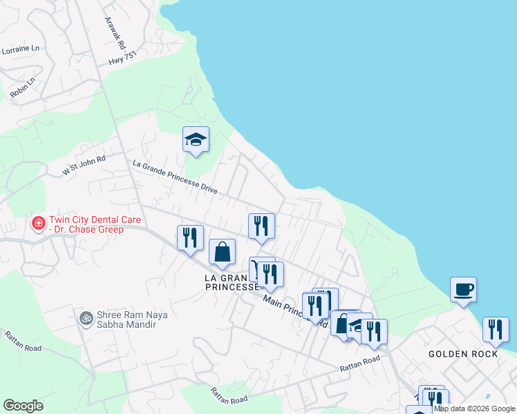 map of restaurants, bars, coffee shops, grocery stores, and more near Northshore Road in Christiansted