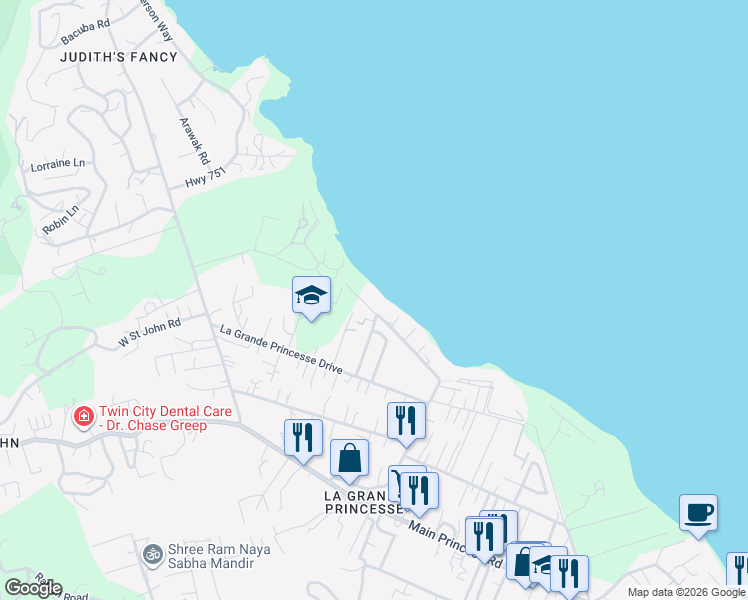 map of restaurants, bars, coffee shops, grocery stores, and more near Route 751 in Christiansted