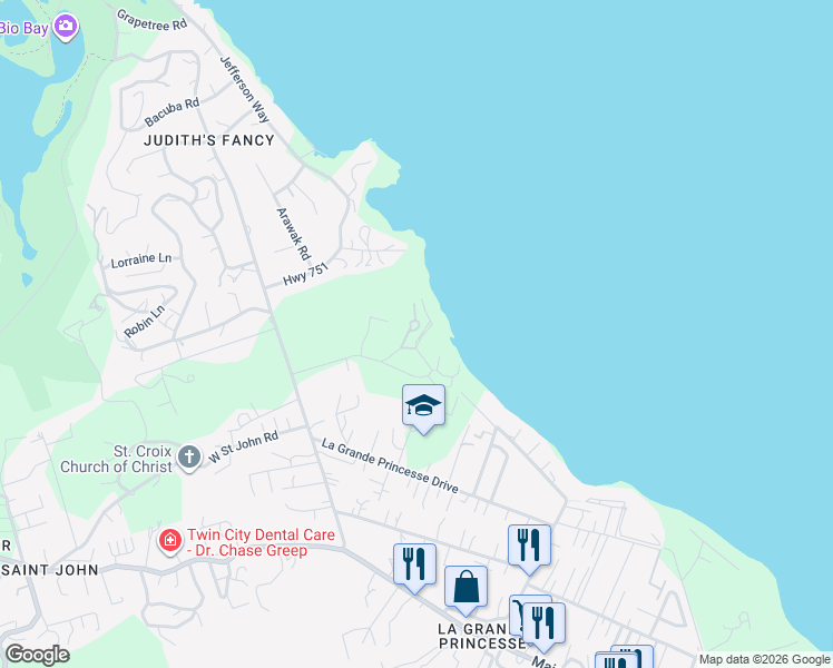map of restaurants, bars, coffee shops, grocery stores, and more near Unnamed Road in Christiansted