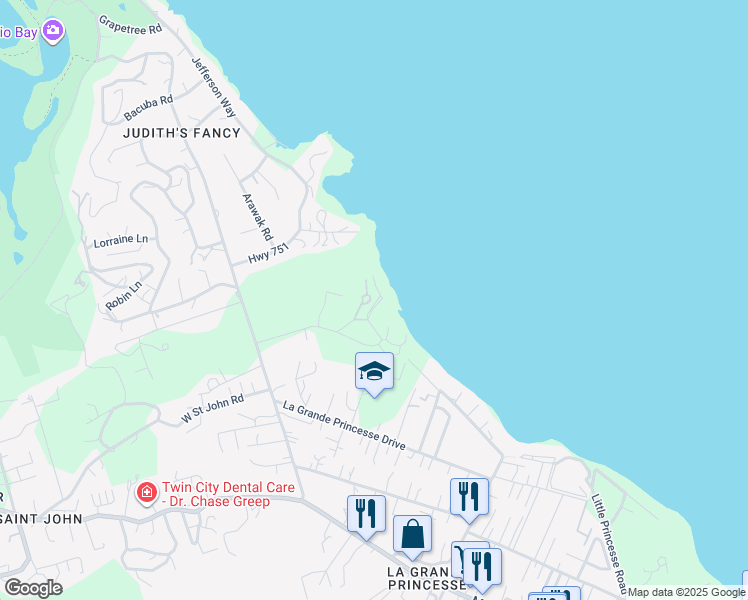 map of restaurants, bars, coffee shops, grocery stores, and more near Unnamed Road in Christiansted
