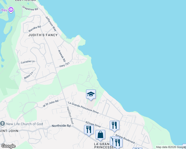 map of restaurants, bars, coffee shops, grocery stores, and more near Manatee Road in Christiansted