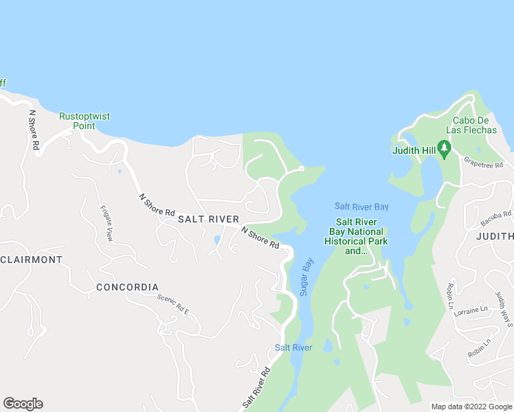 map of restaurants, bars, coffee shops, grocery stores, and more near North Shore Road in Christiansted