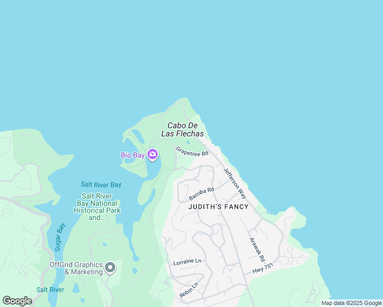 map of restaurants, bars, coffee shops, grocery stores, and more near Grapetree Road in Christiansted