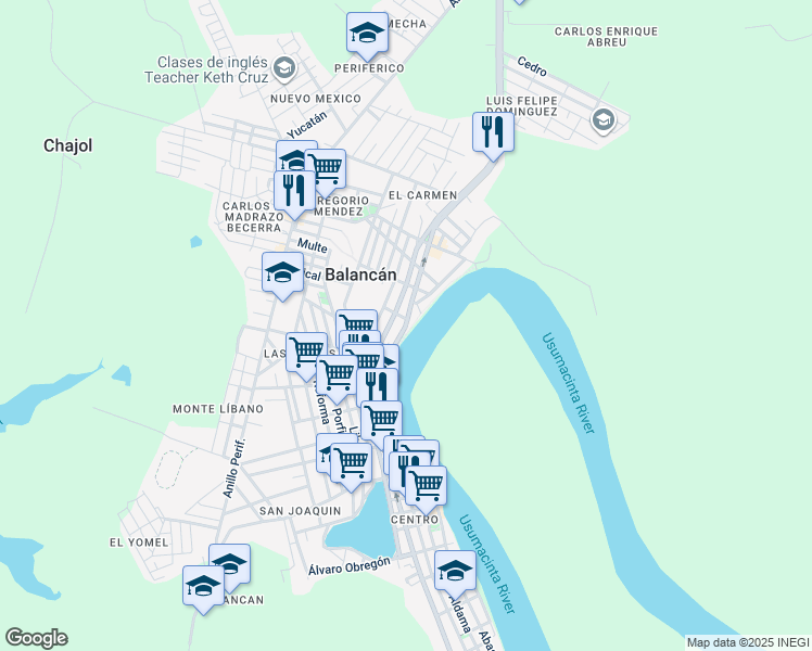 map of restaurants, bars, coffee shops, grocery stores, and more near Carretera a Balancan in Balancán