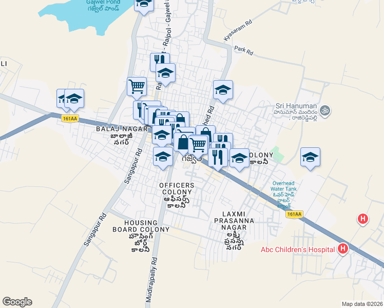 map of restaurants, bars, coffee shops, grocery stores, and more near Pedeched Road in Gajwel