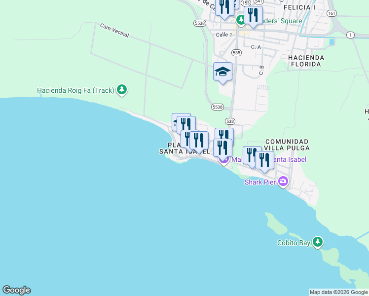 map of restaurants, bars, coffee shops, grocery stores, and more near Calle Aquamarina in Santa Isabel
