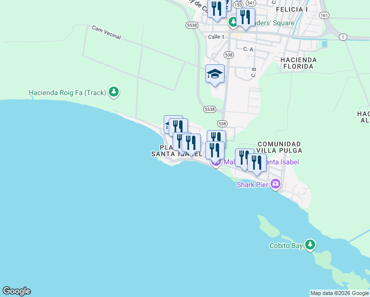 map of restaurants, bars, coffee shops, grocery stores, and more near Calle Aquamarina in Santa Isabel