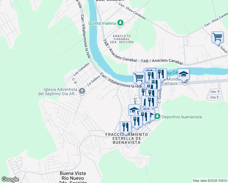 map of restaurants, bars, coffee shops, grocery stores, and more near in Villahermosa