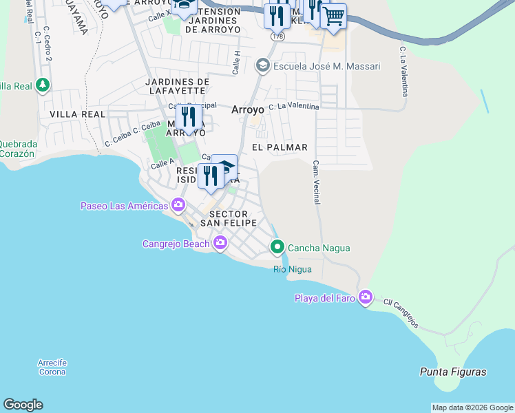 map of restaurants, bars, coffee shops, grocery stores, and more near 7 Calle Santa Teresa in Arroyo