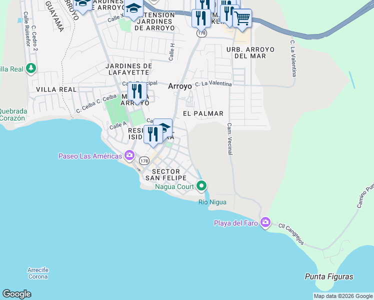 map of restaurants, bars, coffee shops, grocery stores, and more near 7 Calle Santa Teresa in Arroyo