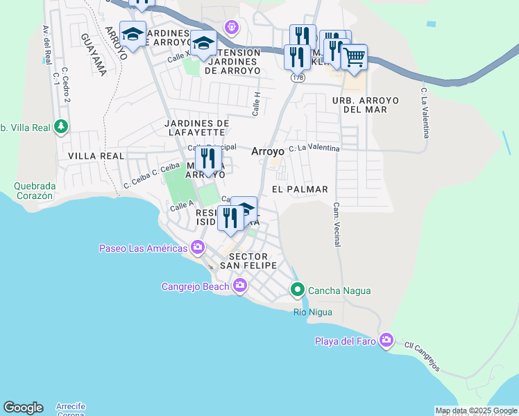 map of restaurants, bars, coffee shops, grocery stores, and more near in Arroyo
