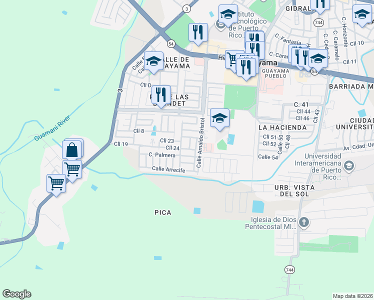 map of restaurants, bars, coffee shops, grocery stores, and more near Calle Solimar in Guayama