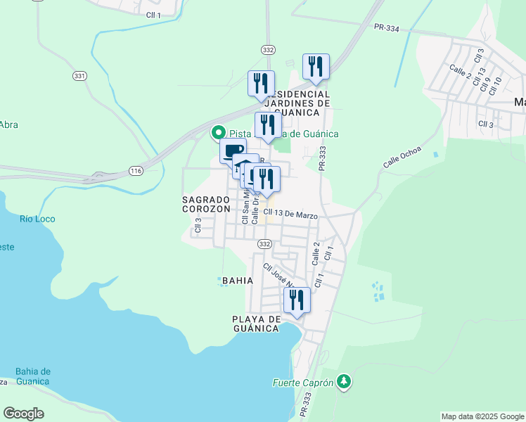 map of restaurants, bars, coffee shops, grocery stores, and more near 33 Calle 13 De Marzo in Guanica