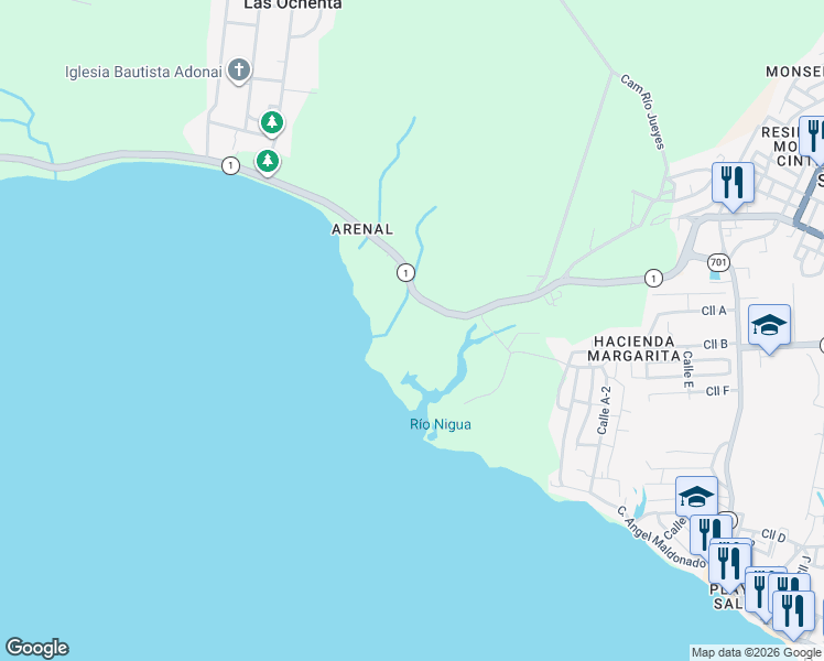 map of restaurants, bars, coffee shops, grocery stores, and more near 44 Puerto Rico 1 in Salinas