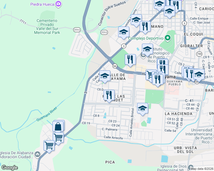 map of restaurants, bars, coffee shops, grocery stores, and more near 218-232 Calle G in Guayama