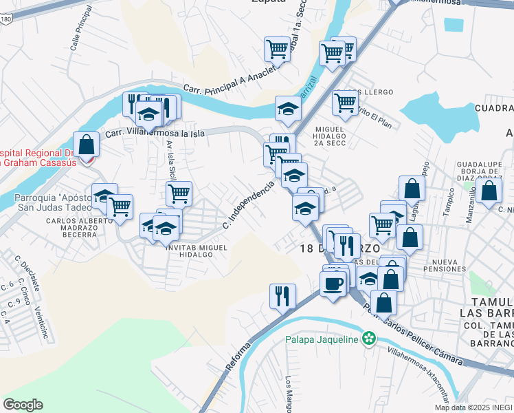 map of restaurants, bars, coffee shops, grocery stores, and more near Nuevo Tabasco in Villahermosa
