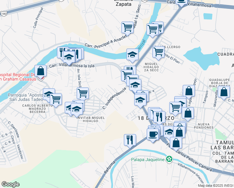 map of restaurants, bars, coffee shops, grocery stores, and more near Nuevo Tabasco in Villahermosa