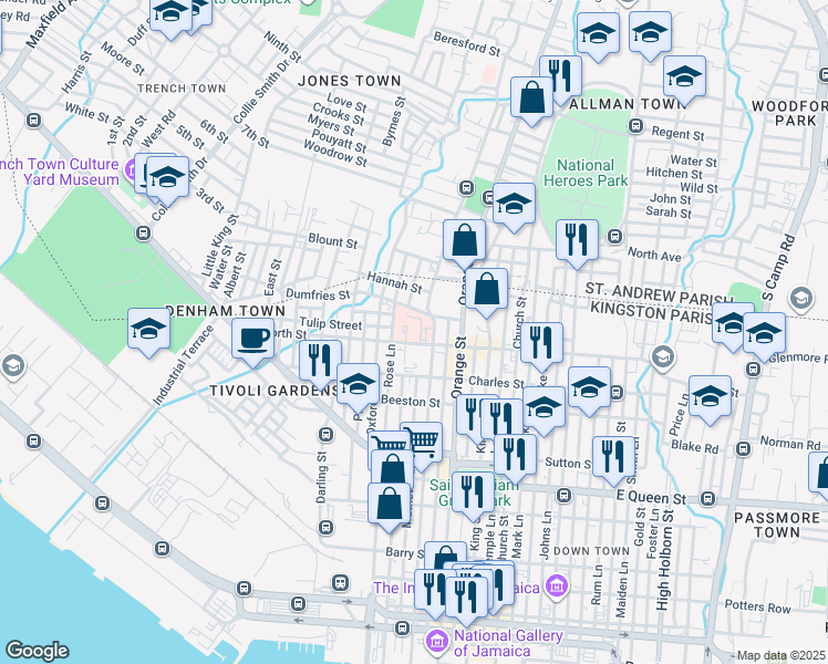 map of restaurants, bars, coffee shops, grocery stores, and more near Slipe Pen Road in Kingston