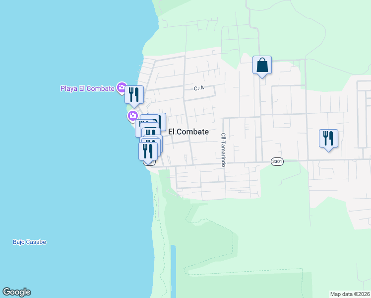 map of restaurants, bars, coffee shops, grocery stores, and more near Calle Tamarindo in Boquerón