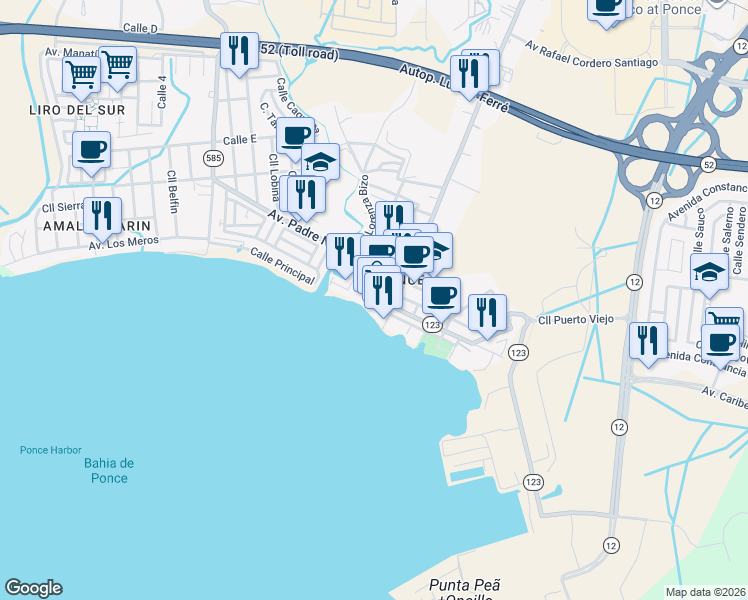 map of restaurants, bars, coffee shops, grocery stores, and more near 14-16 Calle Bonaire in Ponce