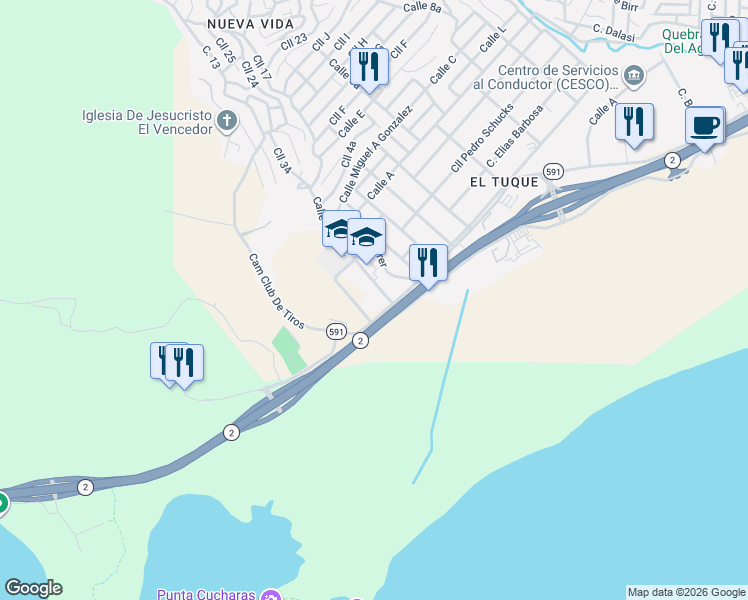 map of restaurants, bars, coffee shops, grocery stores, and more near Camino Club De Tiros in Ponce
