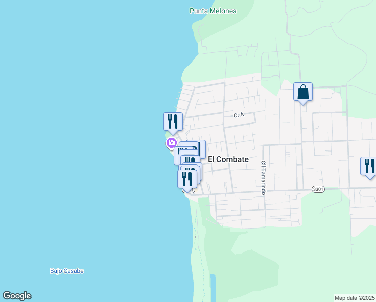 map of restaurants, bars, coffee shops, grocery stores, and more near Cll 1 in Boquerón