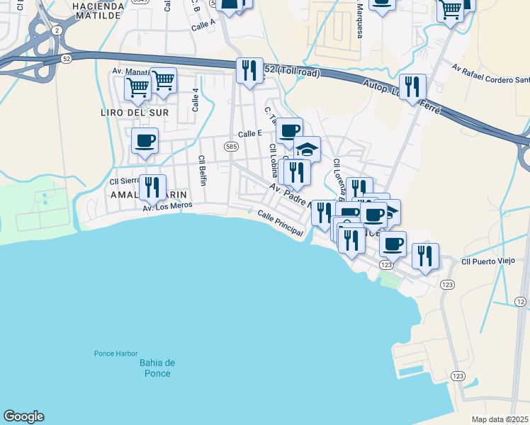 map of restaurants, bars, coffee shops, grocery stores, and more near Calle C in Ponce