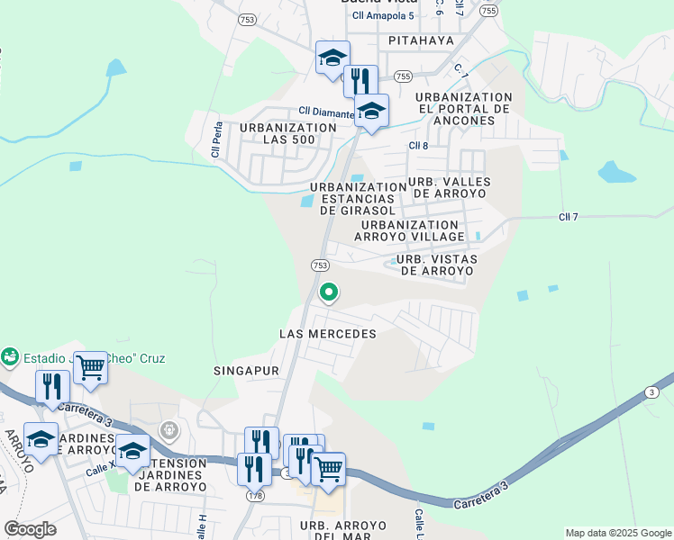 map of restaurants, bars, coffee shops, grocery stores, and more near Puerto Rico 753 in Arroyo