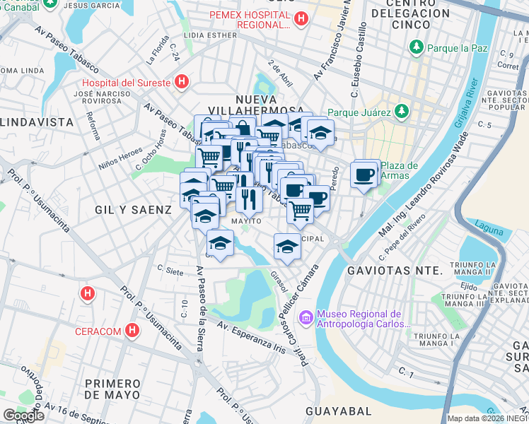 map of restaurants, bars, coffee shops, grocery stores, and more near Callejón de Rullán Ferrer in Villahermosa