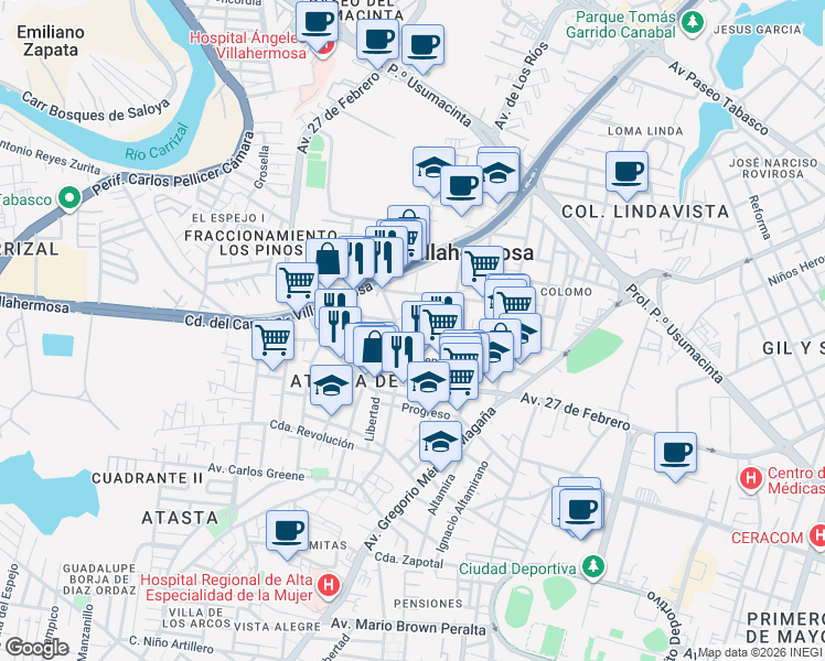 map of restaurants, bars, coffee shops, grocery stores, and more near Ignacio Gutiérrez in Villahermosa