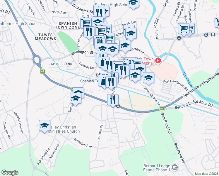 map of restaurants, bars, coffee shops, grocery stores, and more near March Pen Road in Spanish Town