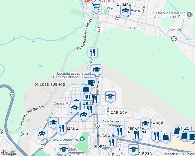 map of restaurants, bars, coffee shops, grocery stores, and more near 146 Calle Ashford in Guayama