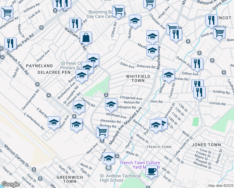 map of restaurants, bars, coffee shops, grocery stores, and more near Saint Andrew Lane in Kingston