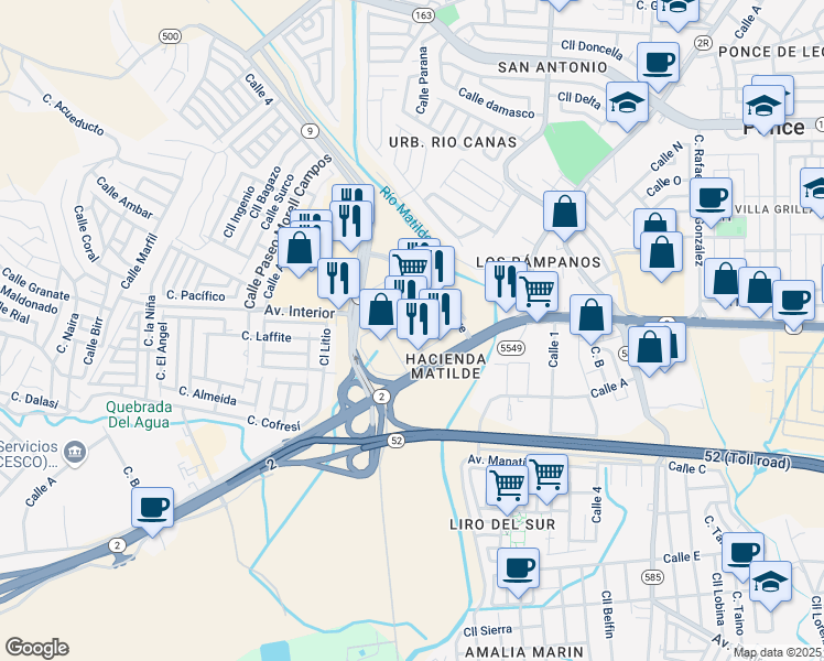 map of restaurants, bars, coffee shops, grocery stores, and more near Calle Baramaya in Ponce