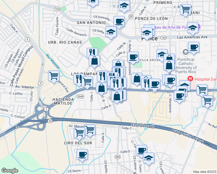 map of restaurants, bars, coffee shops, grocery stores, and more near Avenida Eduardo Ruberte in Ponce