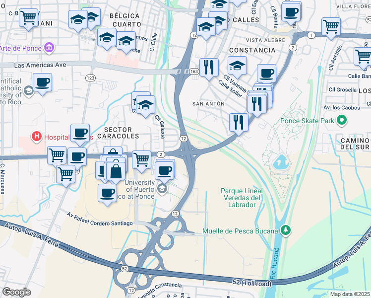 map of restaurants, bars, coffee shops, grocery stores, and more near Avenida Santiago de los Caballeros in Ponce