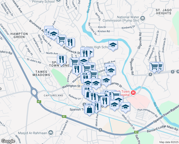 map of restaurants, bars, coffee shops, grocery stores, and more near Martin Street in Spanish Town