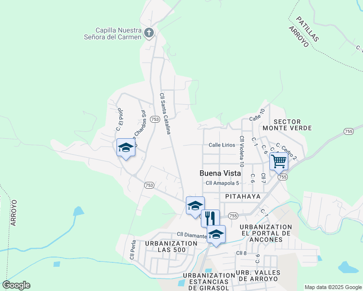 map of restaurants, bars, coffee shops, grocery stores, and more near Calle Santa Catalina in Arroyo