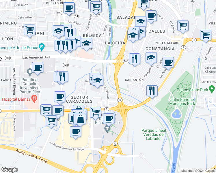 map of restaurants, bars, coffee shops, grocery stores, and more near Calle Galaxia in Ponce