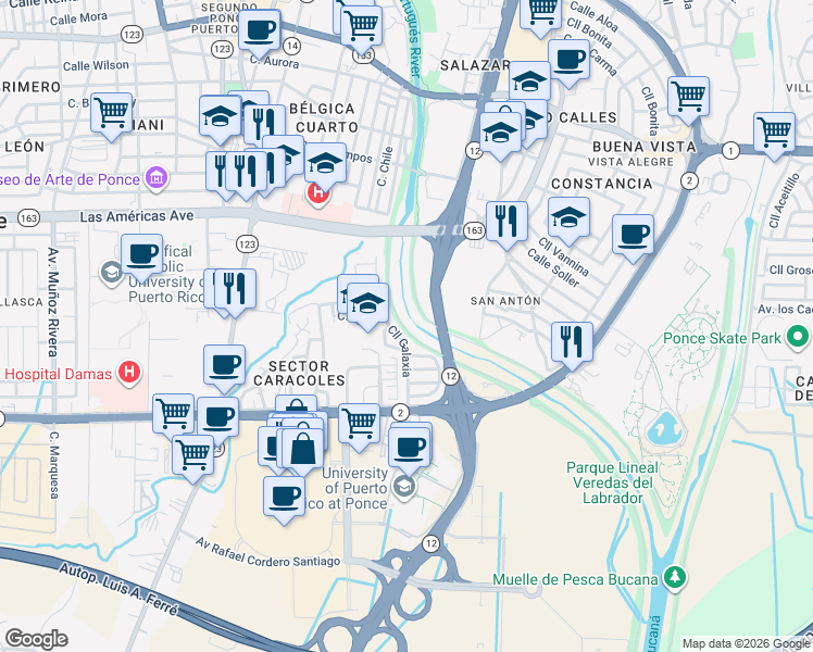 map of restaurants, bars, coffee shops, grocery stores, and more near Calle Galaxia in Ponce