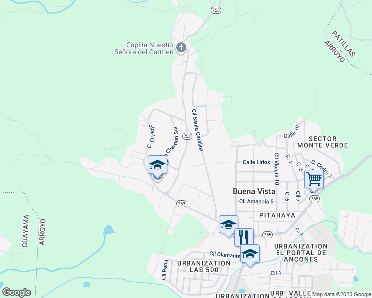 map of restaurants, bars, coffee shops, grocery stores, and more near Puerto Rico 753 in Arroyo