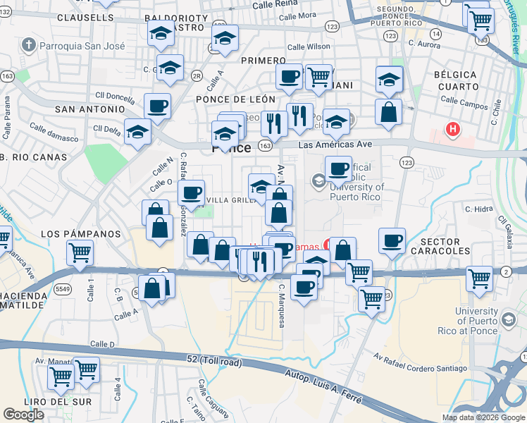 map of restaurants, bars, coffee shops, grocery stores, and more near in Ponce