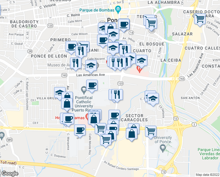 map of restaurants, bars, coffee shops, grocery stores, and more near Calle Amanda in Ponce